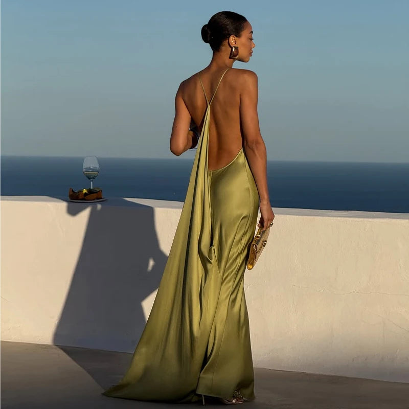 Sexy Women'S Solid Satin Backless Halter Long Dress Ribbon Sleeveless Slit Female Dresses 2026 Summer Lady Chic Evening Robes