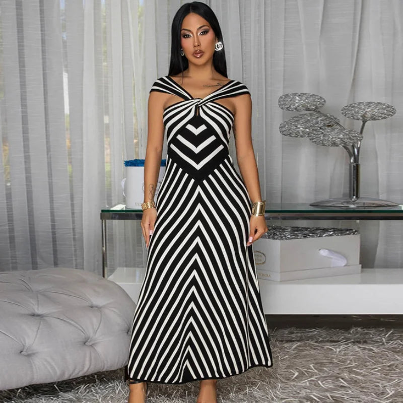 Women'S Vertical Stripe Print Strapless Maxi Dress off Shoulder Loose Fit Long Dresses 2026 Summer Fashion Elegant Casual Robe