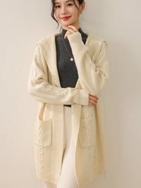 New Women 100% Merino Wool Knitted Solid Color Hodded Long with Two Pockets Cardigan Thick Comfortable Top Warm Soft Clothing