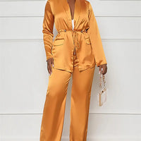 Two-Piece Silk Suit for African Women, V-Neck Lace up Shirt, Wide Leg Pants, Casual Fashion, Autumn