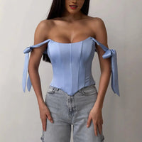 Bandage White Corset Top Women Elegant Black Satin Bustier Fishbone Zip Sexy Sleeveless Streetwear Fashion Summer Blue Clothes