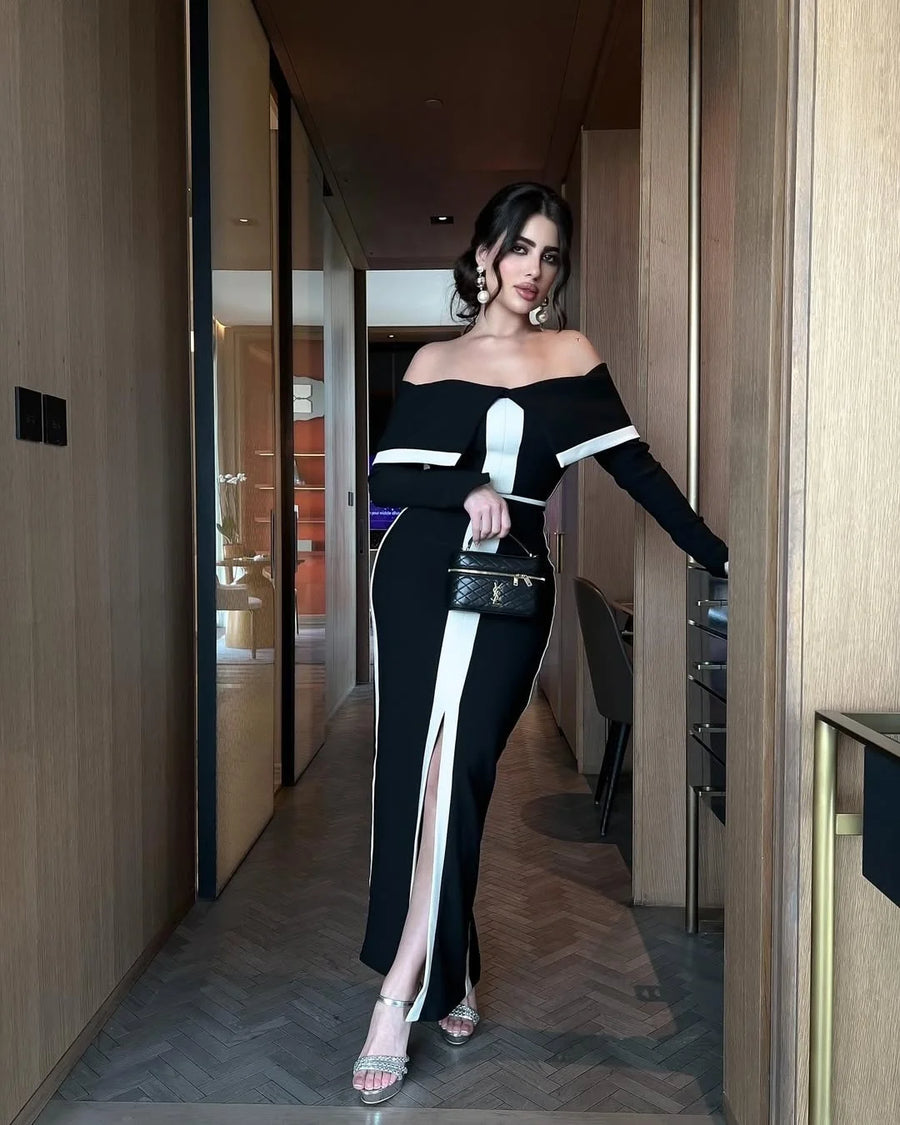 High Quality Women Long Sleeve Sexy off Shoulder Floor-Length Bandage Dress Celebrate Birthday Party White Stripe Black Outfits
