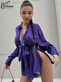 Oymimi Elegant White Print Sets for Women 2 Pieces Fashion Lapel Long Sleeve Button Shirts and High Waisted Side Slit Shorts Set