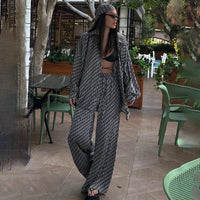 Luxury Chain Print Satin 2 Piece Outfit, Oversized Button down Shirt + High Waist Wide Leg Pants Set for Daily and Vacation