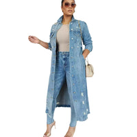 Women Long Denim Jacket Hole Overcoat Single Breasted Pockets Turn down Collar Female Streetwear Vintage Jean Outerwear