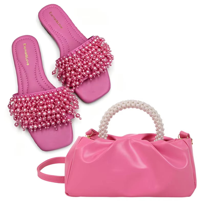 Women'S Summer New Fashion Pearl Slippers plus Size Non-Slip Beach Sandals with Design Pearl Inlaid Fashion Messenger Bag Set.
