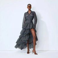 Casual Stripe Shirt Long Sleeve High Waist Tulle Hem Midi Skirt Set Women'S Fashion Holiday Style Two-Piece Suit Elegant Classy