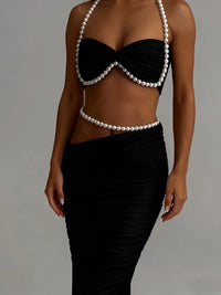 Sexy Bead Patchwork 2-Piece Set Women Ruched Halter Bra+Waistless Bottom Matching Elegant Beach Vacation Slim Outfits