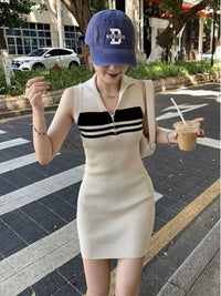 Korean Style Women Lady Dresses Knit Sleeveless Half Zipper Vestidos Sexi Slim Streetwear Stripe Party Polo Nigh Club Hip Dress