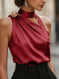 Chic Halter One Shoulder Satin Draped Burgundy Sleeveless Blouse, Tank Top for Party & Office Women
