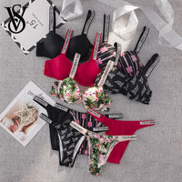 Victoria Secret Sexy Lingerie Set Very Sexy Logo Shine Strap Tropical Floral Push up Bra Shine Script Thong Panty