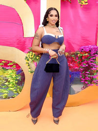 Contrast Bow Strap Striped Women Set Sleeveless Crop Top High Waist Wide Leg Pants Vertical Stripe Pattern Summer Vacation Wear
