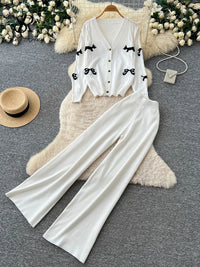 SINGREINY Female Autumn Knit Suits Bow Embroidery V Neck Cardigans+Elastic Wide Leg Pants 2026 Casual Daily Loungewear 2Pcs Sets