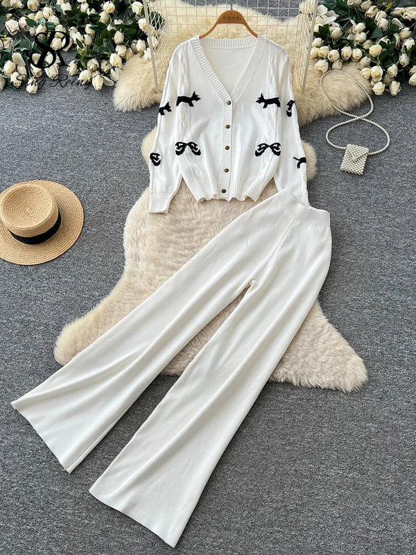 SINGREINY Female Autumn Knit Suits Bow Embroidery V Neck Cardigans+Elastic Wide Leg Pants 2026 Casual Daily Loungewear 2Pcs Sets