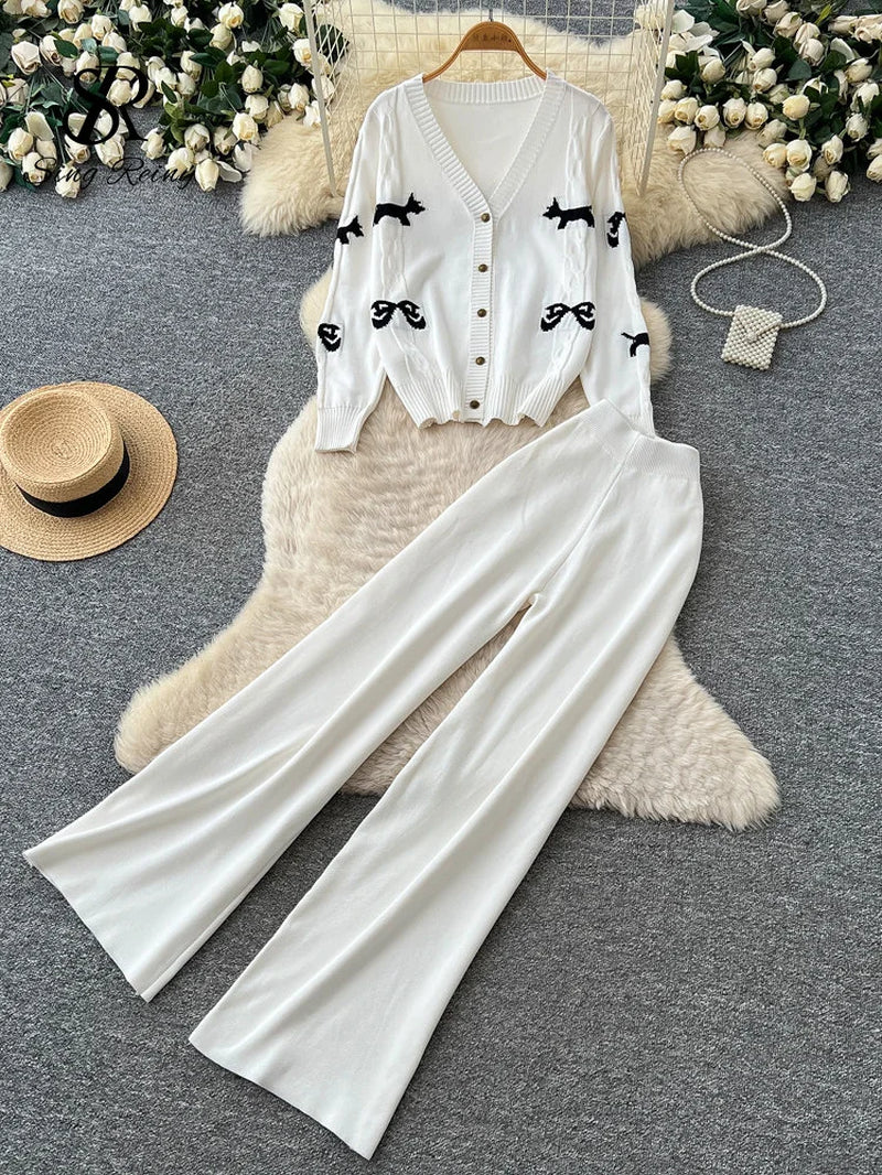 SINGREINY Female Autumn Knit Suits Bow Embroidery V Neck Cardigans+Elastic Wide Leg Pants 2026 Casual Daily Loungewear 2Pcs Sets