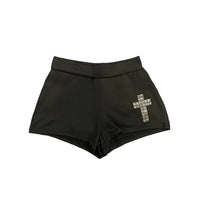 Summer Cross Diamond Decorative Black Ultra-Short Pants Women'S Elastic Waist Mid-Waist Leggings Fashionable and Stylish