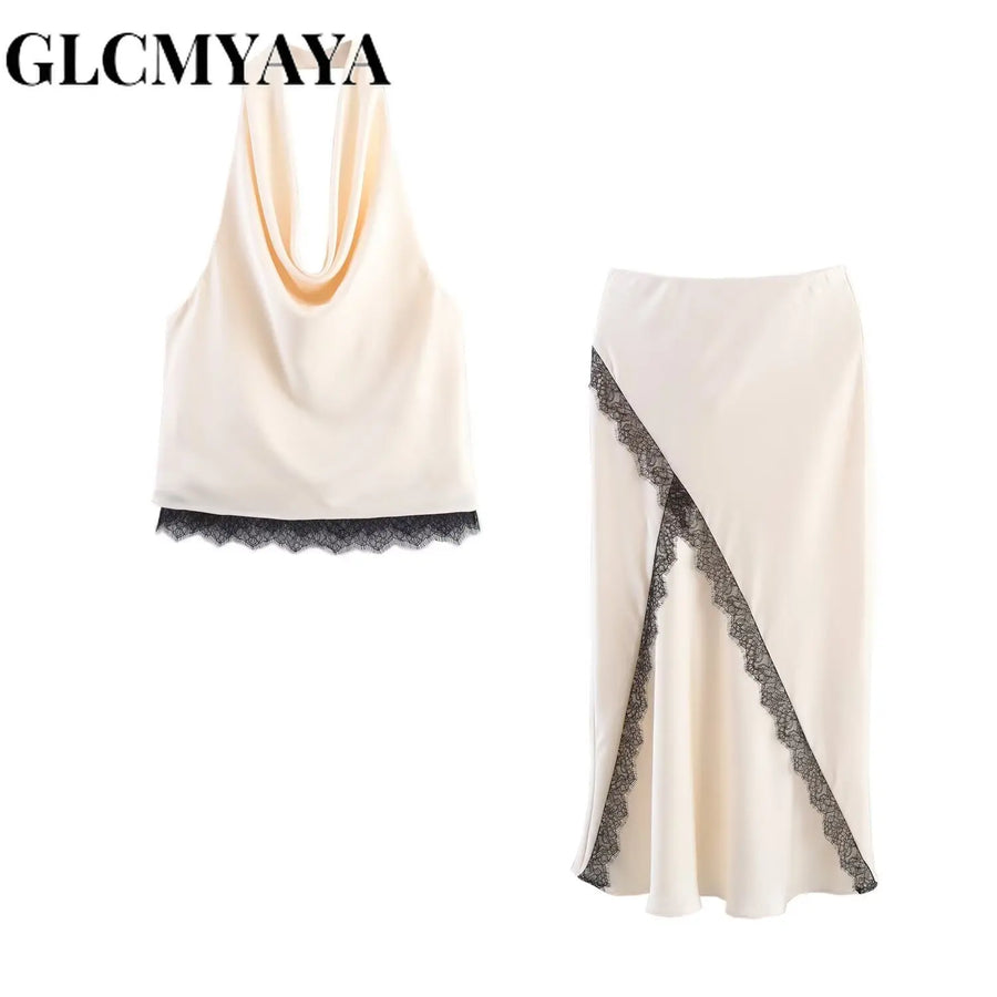 CM.YAYA Women'S Set Lace Satin Halter Sleeveless Tops and Bodycon Long Skirts Suit 2025 Summer Birthday Holiday Two 2 Piece Set