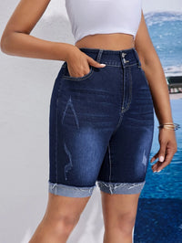 2025 Spring New High Waist Knee Length Denim Shorts for Women Fashion Casual Summer Stretch Tight Rolled up Jeans Shorts