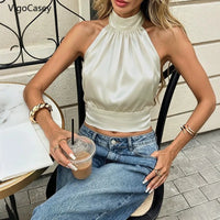 Summer Khaki Turtleneck Tank Top Women 2026 Sexy Stain Tied Halter Vest Top Female Sleeveless Backless Vacation Shirt
