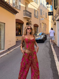 Floral 2 Piece Matching Sets Spaghetti Strap Lace up Corset Drawstring Wide Leg Long Pants Suit Women Chic Vacation Beach Outfit