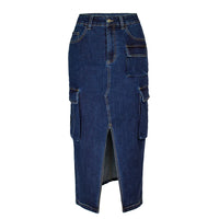 Women Denim Skirt Casual Slim Fit Midi Length Solid Pockets High Waist Pockets Skirts Wrap Hip Shinny Lady Streetwear Summer