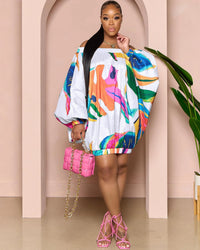 New Arrival Women'S One-Shoulder Digital High-Definition Print Batwing Sleeve Dress Floral Geometric Pattern Street Style