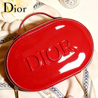 ’S Bag Luxury Glossy Bright Red Oval Handheld Makeup Organizer Pouch Patent Leather Embossed Logo Waterproof Travel Cos