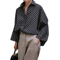 UOOZEE 2026 New Polka Dot Oversized Lapel Blouses for Women Long Sleeves Black White Contrast Color Casual Trendy Shirts