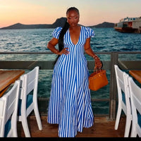 Sexy V-Neck Blue White Stripes Printed Long Dresses Elegant A-Line Slim Fit Short Sleeve Party Clubwear Women Dress