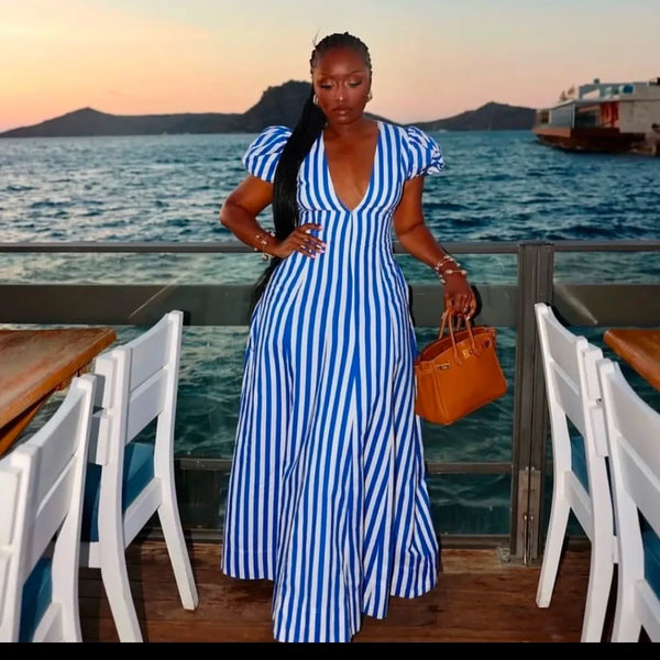Sexy V-Neck Blue White Stripes Printed Long Dresses Elegant A-Line Slim Fit Short Sleeve Party Clubwear Women Dress