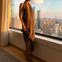Women'S Backless Holiday Dresses Irregular Pleated Design Slim Party Dress Sexy Sleeveless Solid Color Summer Long Dress