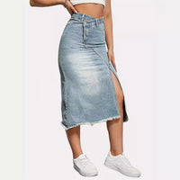 2026 Long Skirt Women Denim Skirts Split High Waist Distressed Washed Button Pockets Summer Punk Streetwear Y2K Vintage a Line