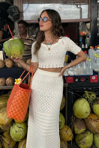 2026 Crochet Knit 2 Piece Set for Women, off Shoulder Crop Top + Hollow Out Maxi Skirt Beachwear