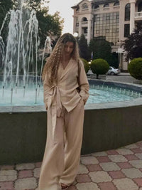 Parc Fee Fashion Loose Khaki 2 Piece Set Women 2026 Elegant Long Sleeve Shirt with High Waist Wide Pants Set Female Clothing