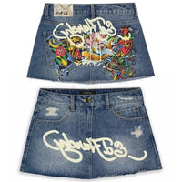 Y2K Street Vintage Is a Fashionable Short Skirt Harajuku Gothic Hip Hop Letter Print Vintage Blue Denim Skirt