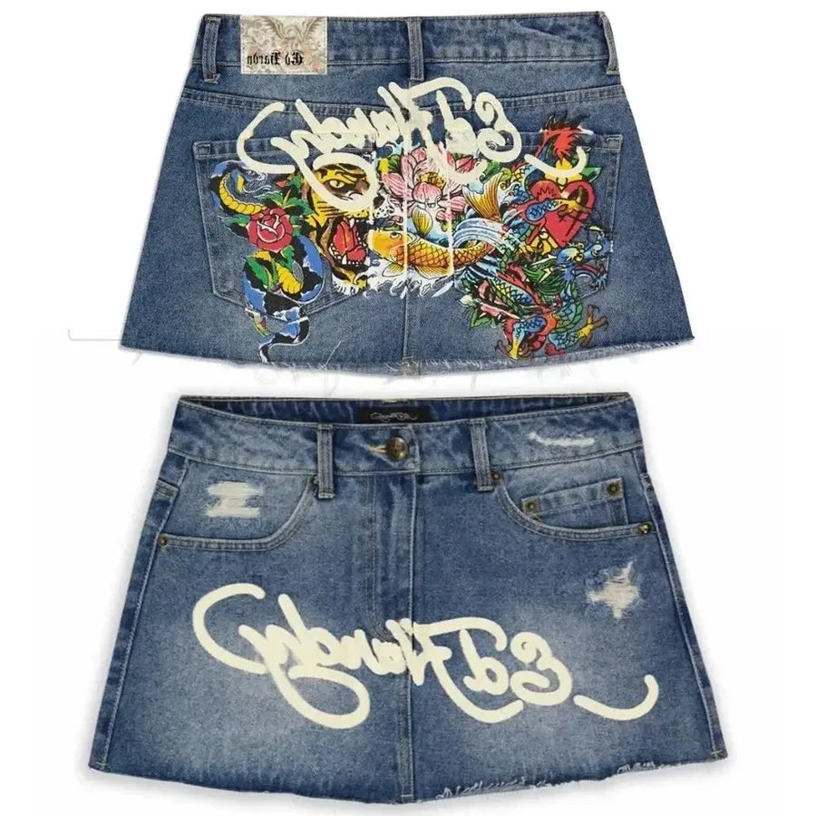 Y2K Street Vintage Is a Fashionable Short Skirt Harajuku Gothic Hip Hop Letter Print Vintage Blue Denim Skirt