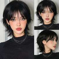 8-Inch Short Mullet Head Wigs with Bangs 100% Real Human Hair Women Black Short Hair Wig for Daily Party Machine Made
