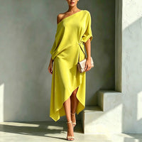 Women One Shoulder Midi Dress Batwing Sleeve Waist Twist Knot Asymmetrical Hem Dress for Cocktail Party Evening Outfit