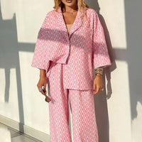 Casual Pink Print Sets Womens 2 Piece Fashion Loose Three Quarter Sleeve Pockets Shirts and Straight Trousers Female Sets