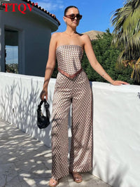 Summer Slim Print Women'S Two Pieces Set 2026 Sexy Sleeveless Crop Top with High Waist Wide Pants Set Female Streetwear