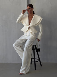 Laur 2026 Oversized Double Layer Lapel Cropped Blazer Two Piece Set High Waist Wide Leg Trousers Elegant Formal Matching Outfit