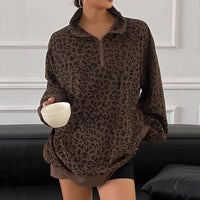 Retro Leopard Print Hoodie Stand Collar Half Zip Mid-Length Corduroy Loose Outerwear High-End Feel Long Sleeve Casual Style