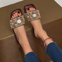 Summer Hot Selling Bright Diamond Slippers for Women in plus Size Flat Sandals Beach Shoes with Diamond Inlaid Crossbody Bag Set