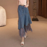 LOUISYAO Vintage Sweet Denim Skirt 2026 Summer High Waist Lace Mesh Patchwork Asymmetric Slim Long Skirt