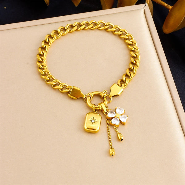 316L Stainless Steel Flower Zircon Starburst Square Pendant Necklace Bracelet Set Women New Waterproof Jewelry Gift Set