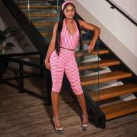 Retro Striped Headband Hanging Neck Top, Slim Fit Shorts, Fashionable Three Piece Set