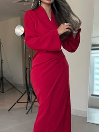 Women'S Sexy V-Neck Long Sleeve Red Dress Elegant Temperament Solid Color Long Dress Fashion Draped Hight Waist Slim Party Dress