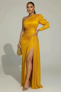 Customized plus Size Formal One Shoulder Evening Dress for Women'S Split Hem Solid Satin Cocktail Wedding Guest Party Maxi Dress