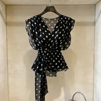 Women Chiffon Polka Dot Printing Bandage Vintage Blouse Thin Sleeveless Temperament Shirt Tops Summer Elegant Fashion Clothing