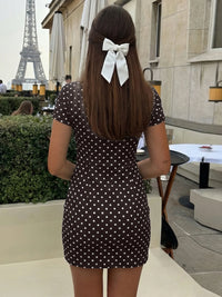 Turtleneck Short Sleeve Lace up Hollow Out Polka Dot Mini Dress Women'S Fashion Sexy Elegant Dress Party Vacation Outfit